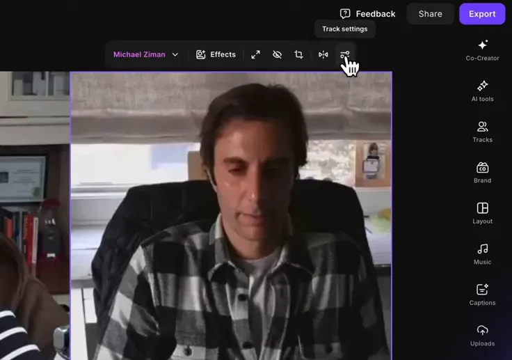Riverside editor with the cursor over the Track settings icon showing a tooltip labeled 'Track settings'.