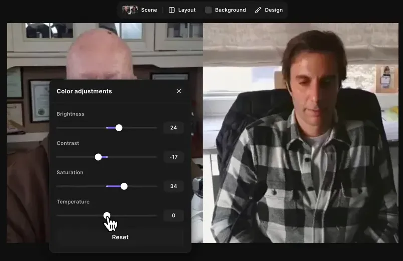Riverside Color Adjustments popup (brightness 24, contrast -17, saturation 34, temperature 0) with editor preview and track settings panel visible.