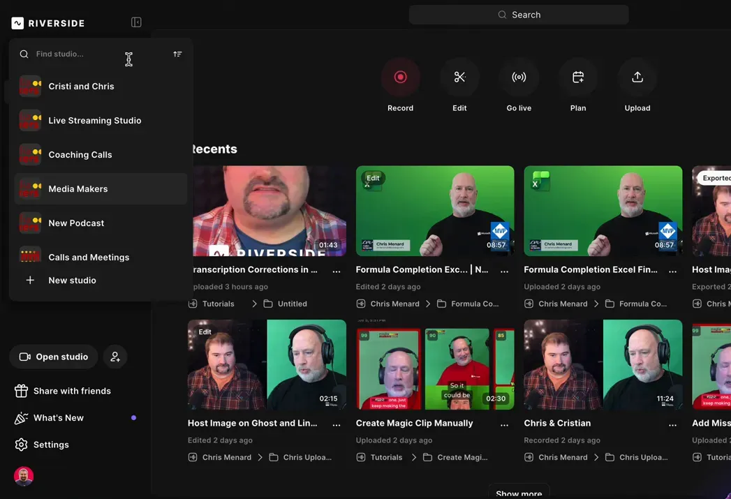 Riverside UI with studio selector open showing multiple studios including 'Media Makers' and the Recents dashboard