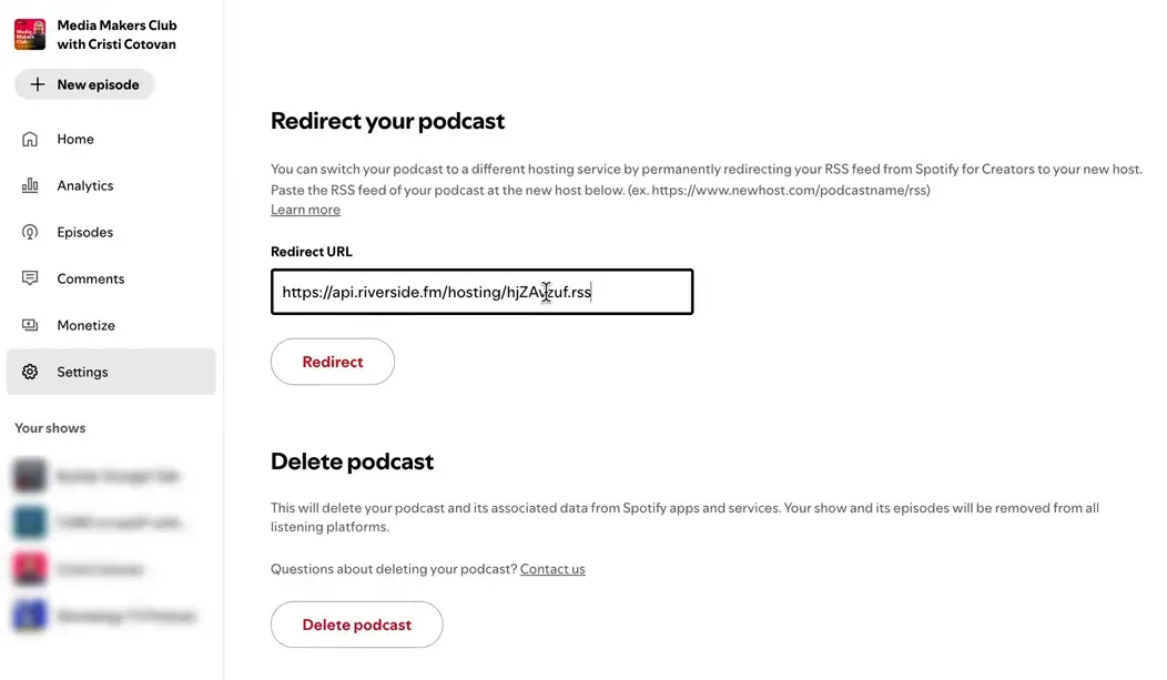 Spotify redirect page with Riverside RSS URL pasted into the Redirect URL input