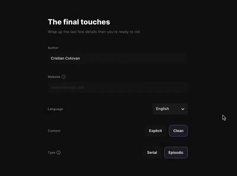 Riverside 'The final touches' setup screen showing author, website, language selector and content/type buttons with a presenter visible in the lower-right