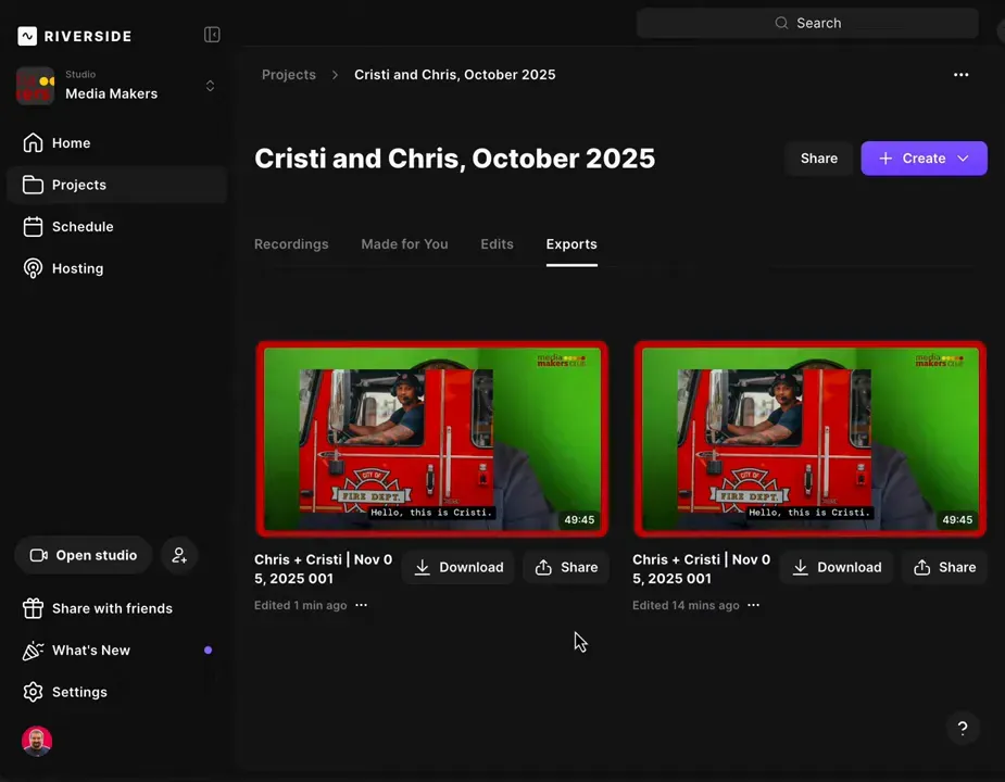 Riverside Exports tab showing two exported clip thumbnails with download and share buttons, clean exports view and left navigation