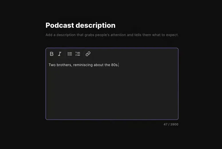 Riverside 'Podcast description' screen with example text 'Two brothers, reminiscing about the 80s' entered in the description field