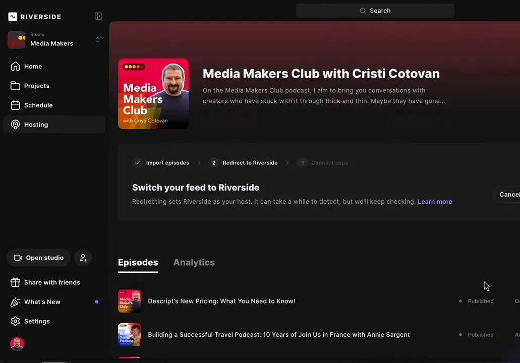 Riverside hosting dashboard showing podcast header, artwork and a list of imported episodes