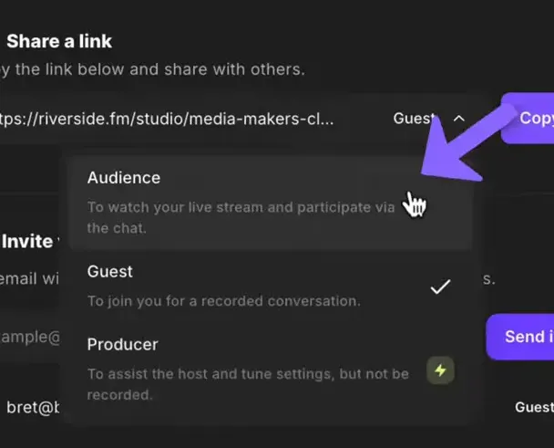 Riverside invite menu showing Audience, Guest, and Producer options with a purple arrow pointing to Audience.