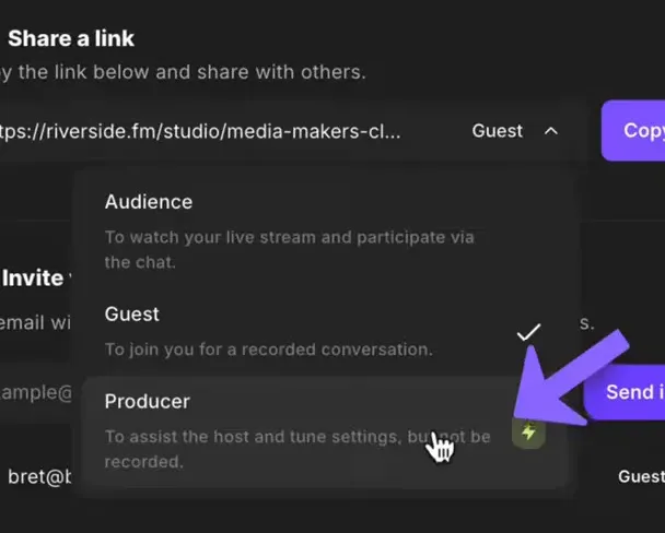 Riverside roles dropdown open with Guest checked and the cursor hovering over Producer option.