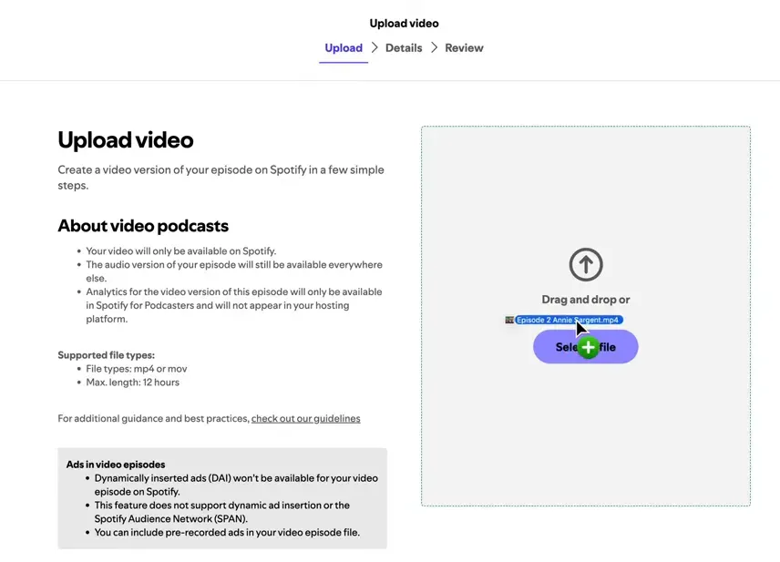 Spotify for Creators upload screen showing a file being dragged into the drag-and-drop area with a green add icon