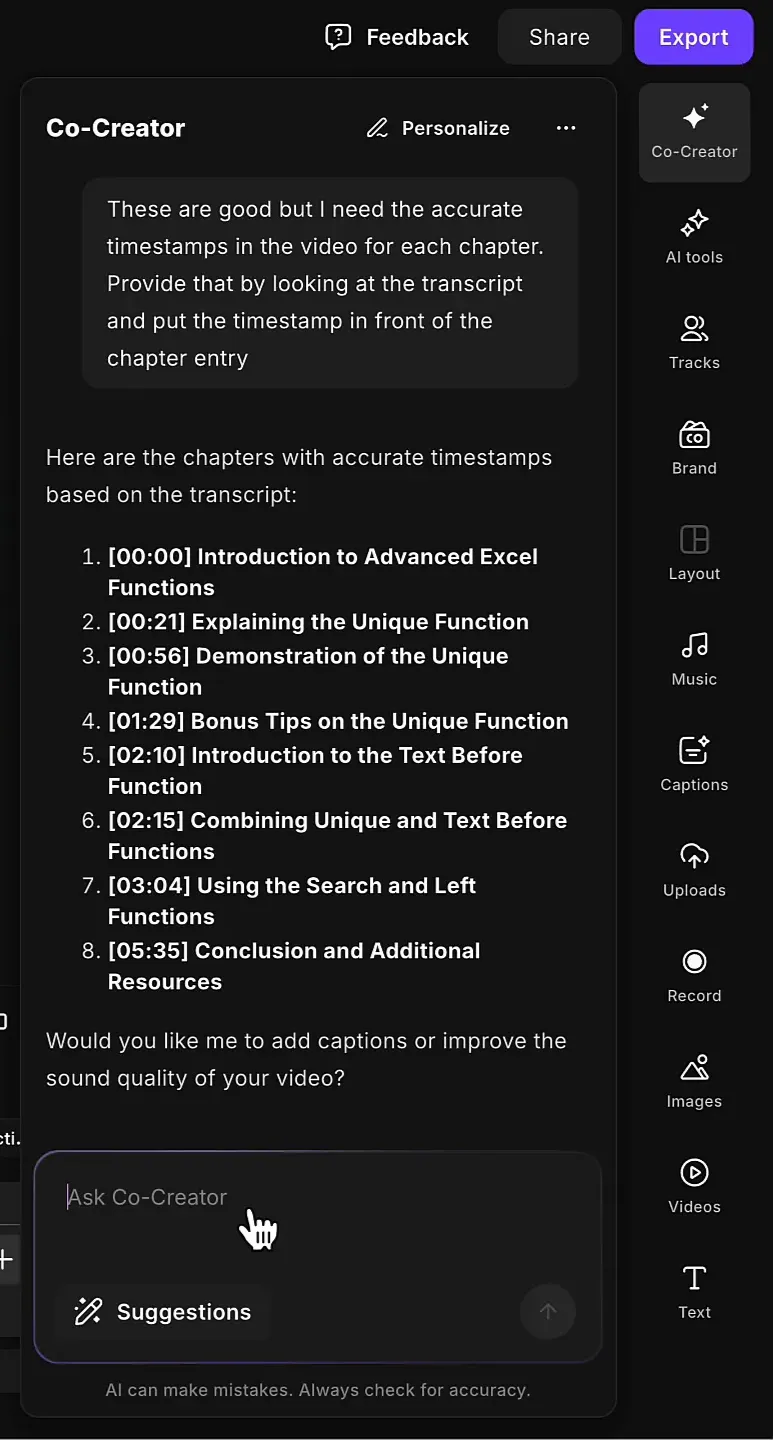 Riverside CoCreator suggestions and chapter timestamps pane shown next to the video preview