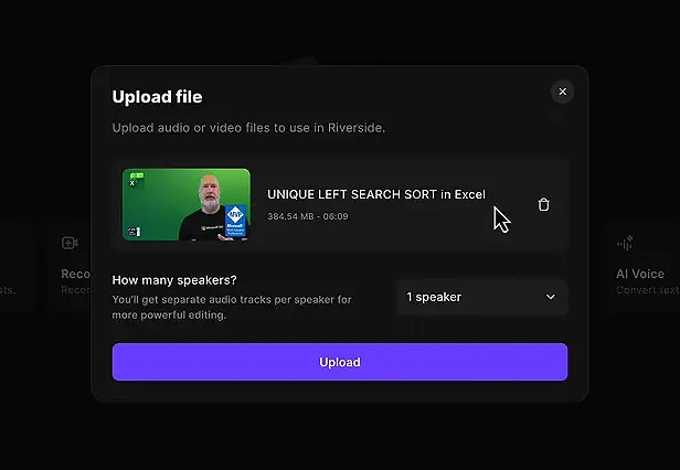 Riverside Upload dialog showing a selected video file, file details, speaker count dropdown and Upload button.