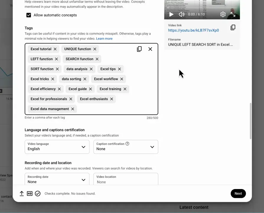 YouTube studio tags field populated with multiple SEO keyword chips
