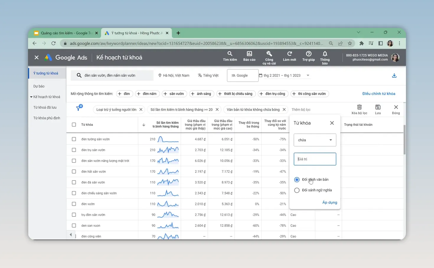 Bộ lọc từ khóa trong Google Keyword Planner với điều kiện chứa và không chứa