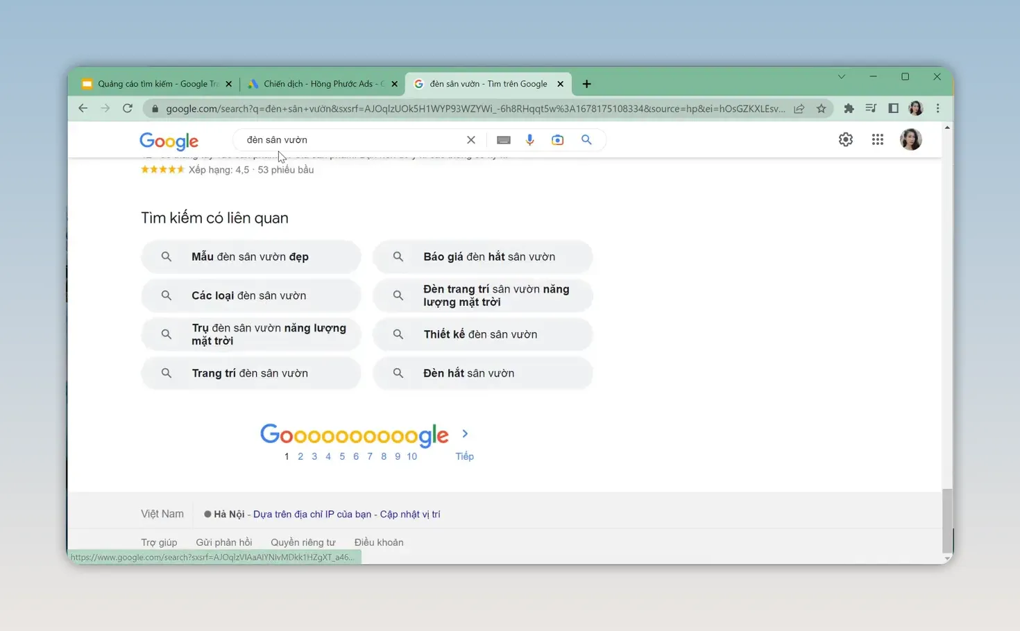 Trang kết quả Google hiển thị các cụm từ tìm kiếm liên quan đến đèn sân vườn
