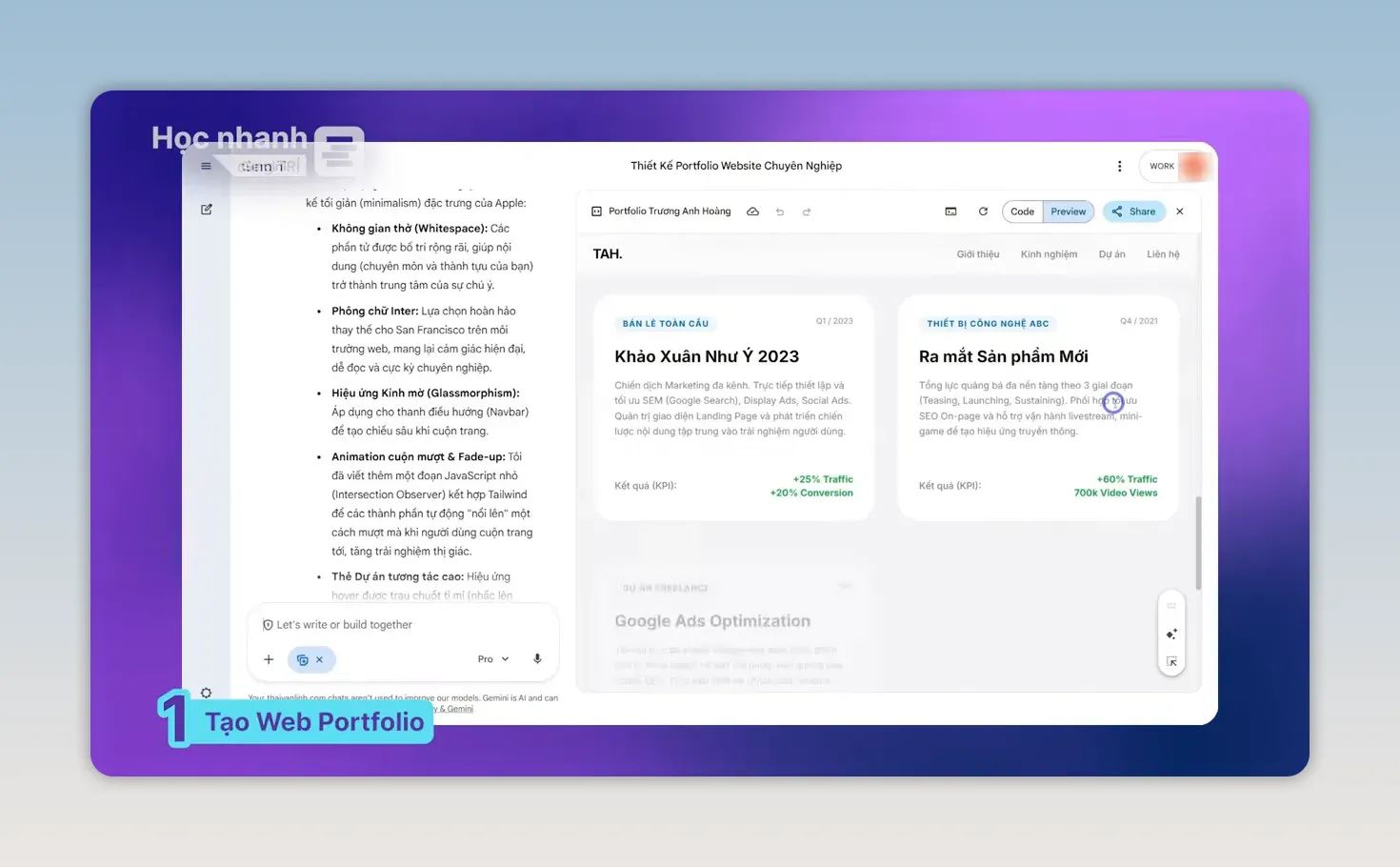 Bản xem trước portfolio với các thẻ dự án tiêu biểu