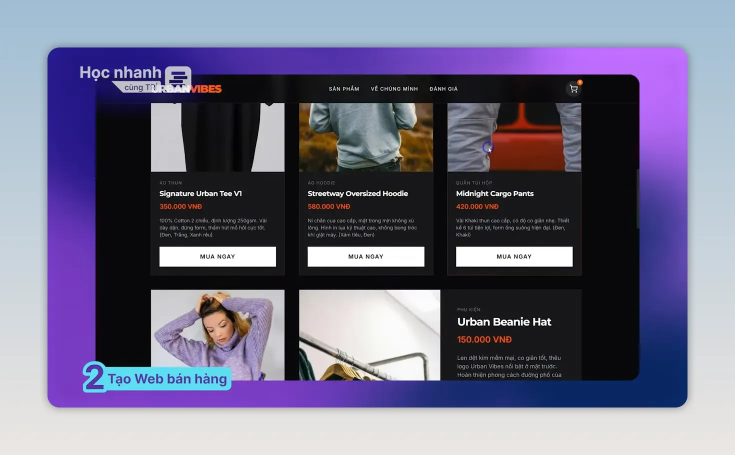 Landing page thời trang nền tối với thẻ sản phẩm và nút mua ngay