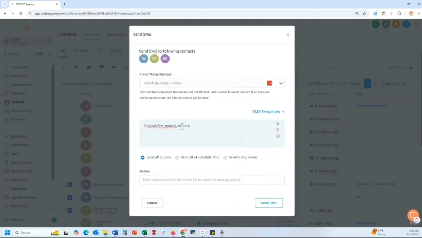 Example SMS directing to email for details