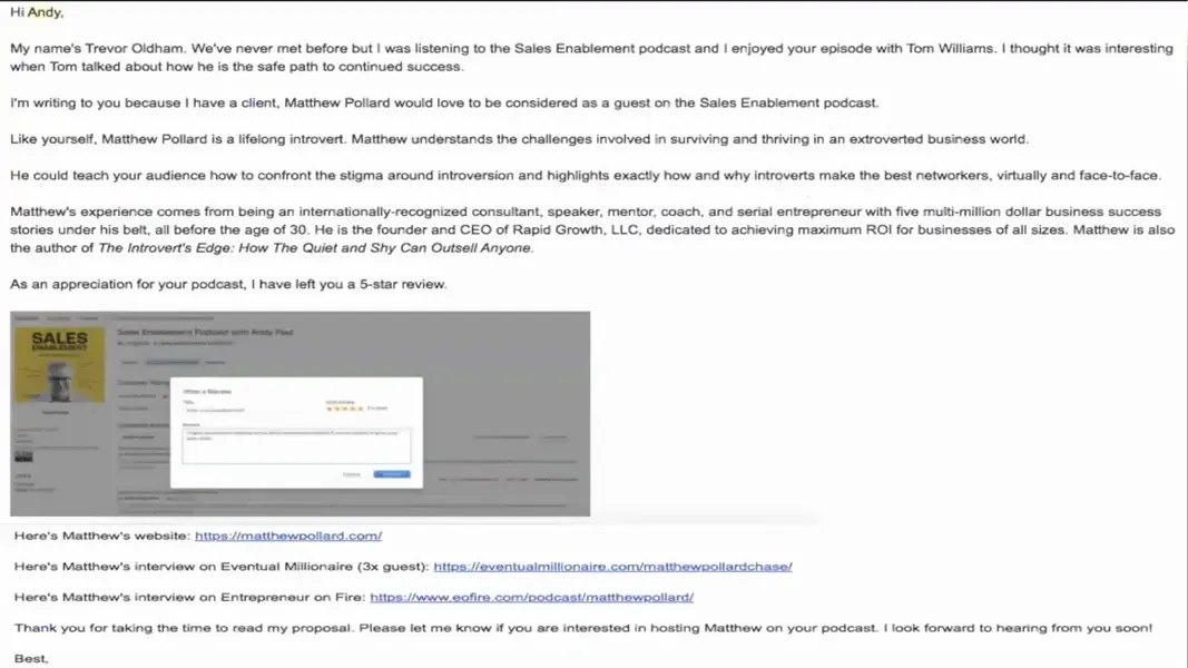 Example of a strong, customized podcast pitch