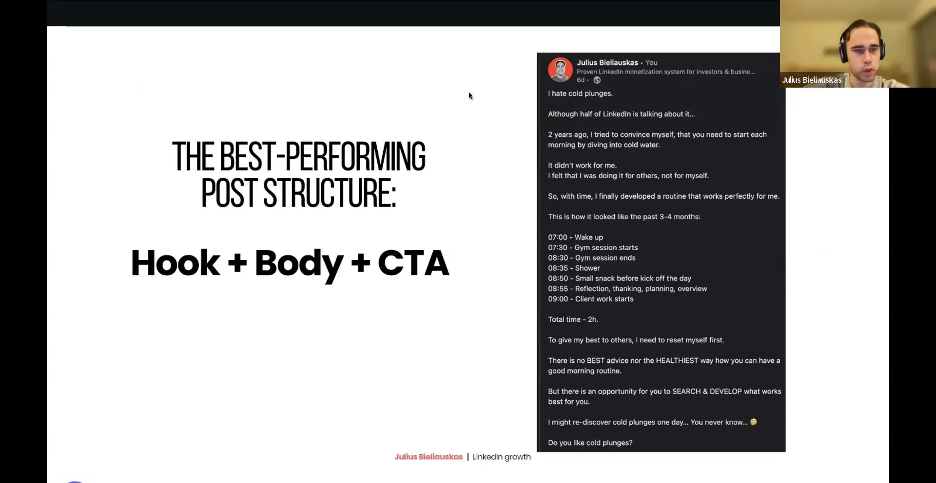 Post structure example showing hook, body, and CTA using a personal example