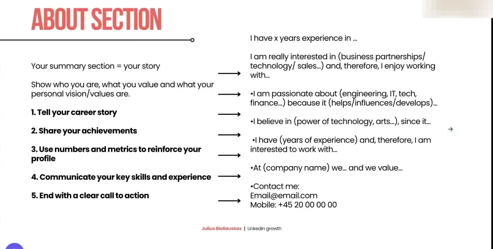 About section example focusing on personal story and key highlights