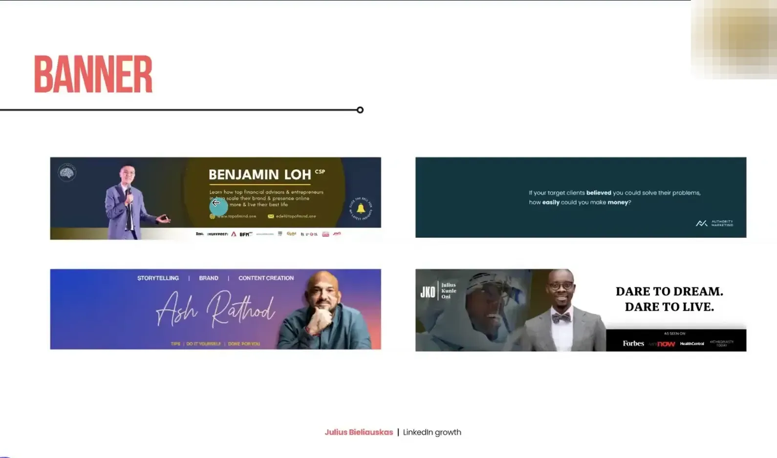 Example LinkedIn banners showing different messaging approaches