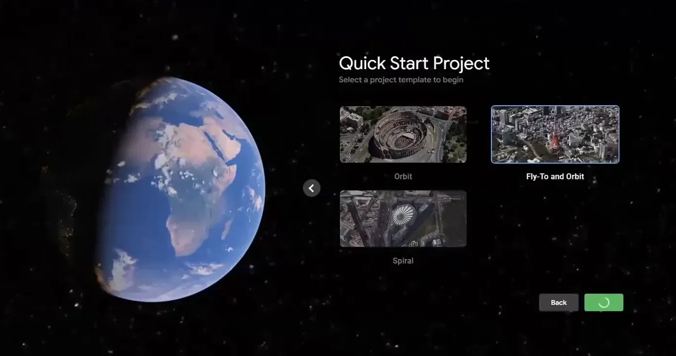 Google Earth Studio interface with Fly to an Orbit template