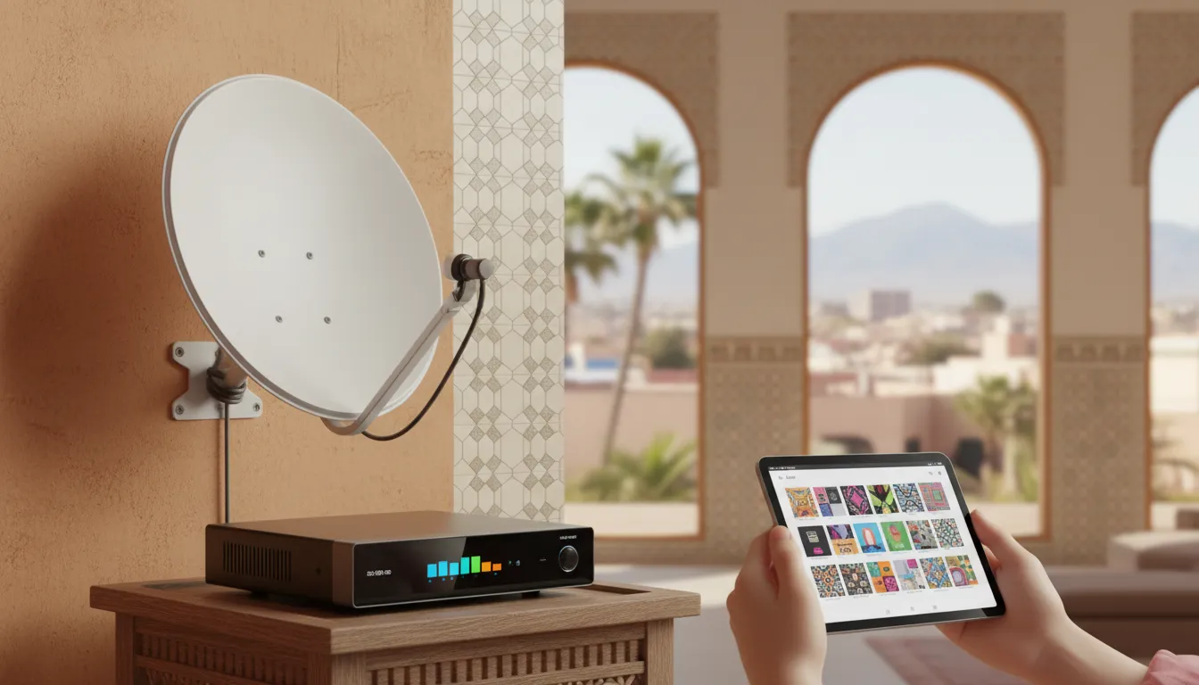 Illustration of a Badr satellite TV setup with a receiver and a smartphone representing adding Moroccan TNT channels and using an all-in-one app, with no text on screen.
