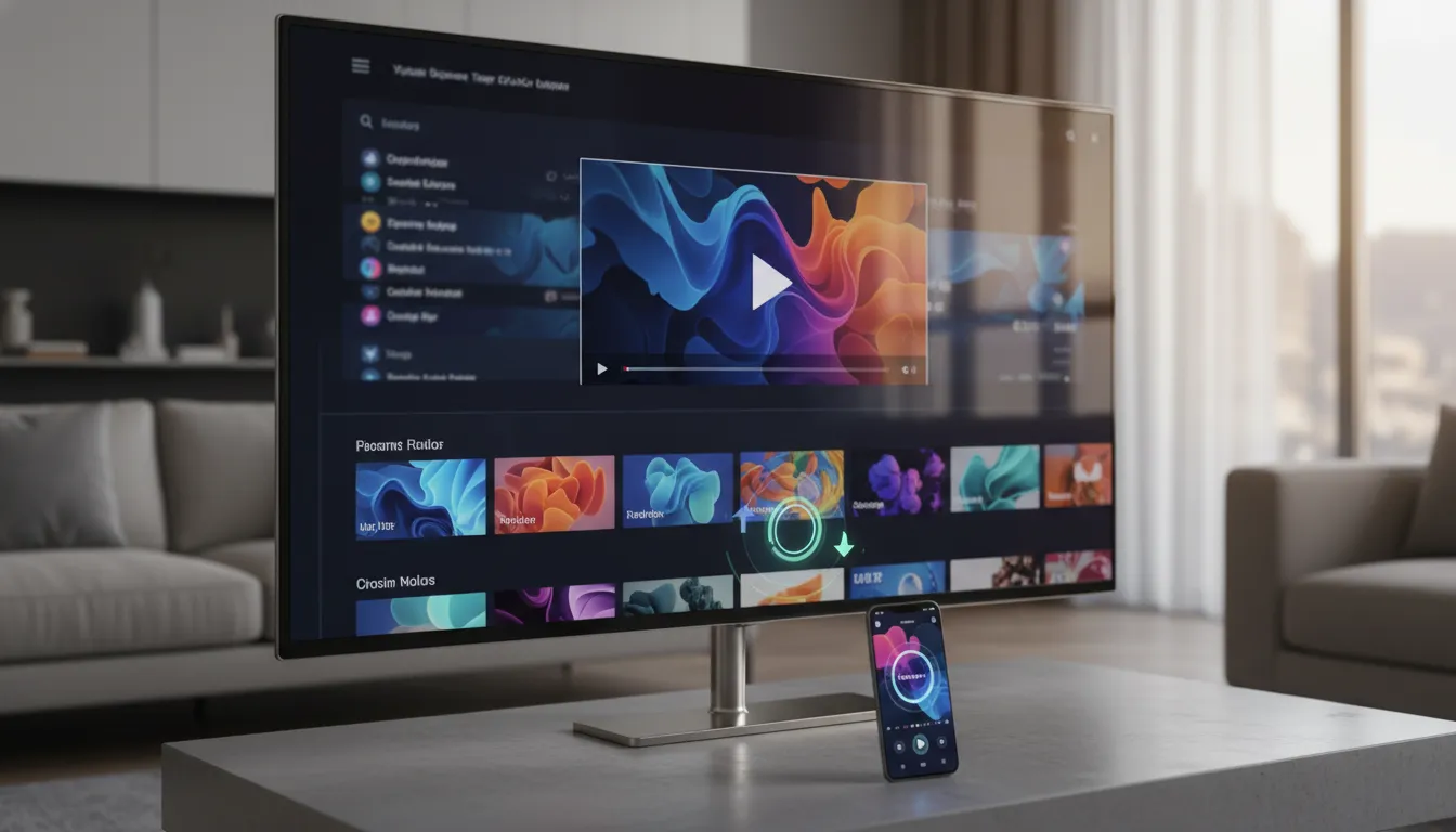 Cinematic illustration of a smartphone and Android TV showing a live streaming update with a crisp, high-definition playback look and sync-style visual indicators, with no text.