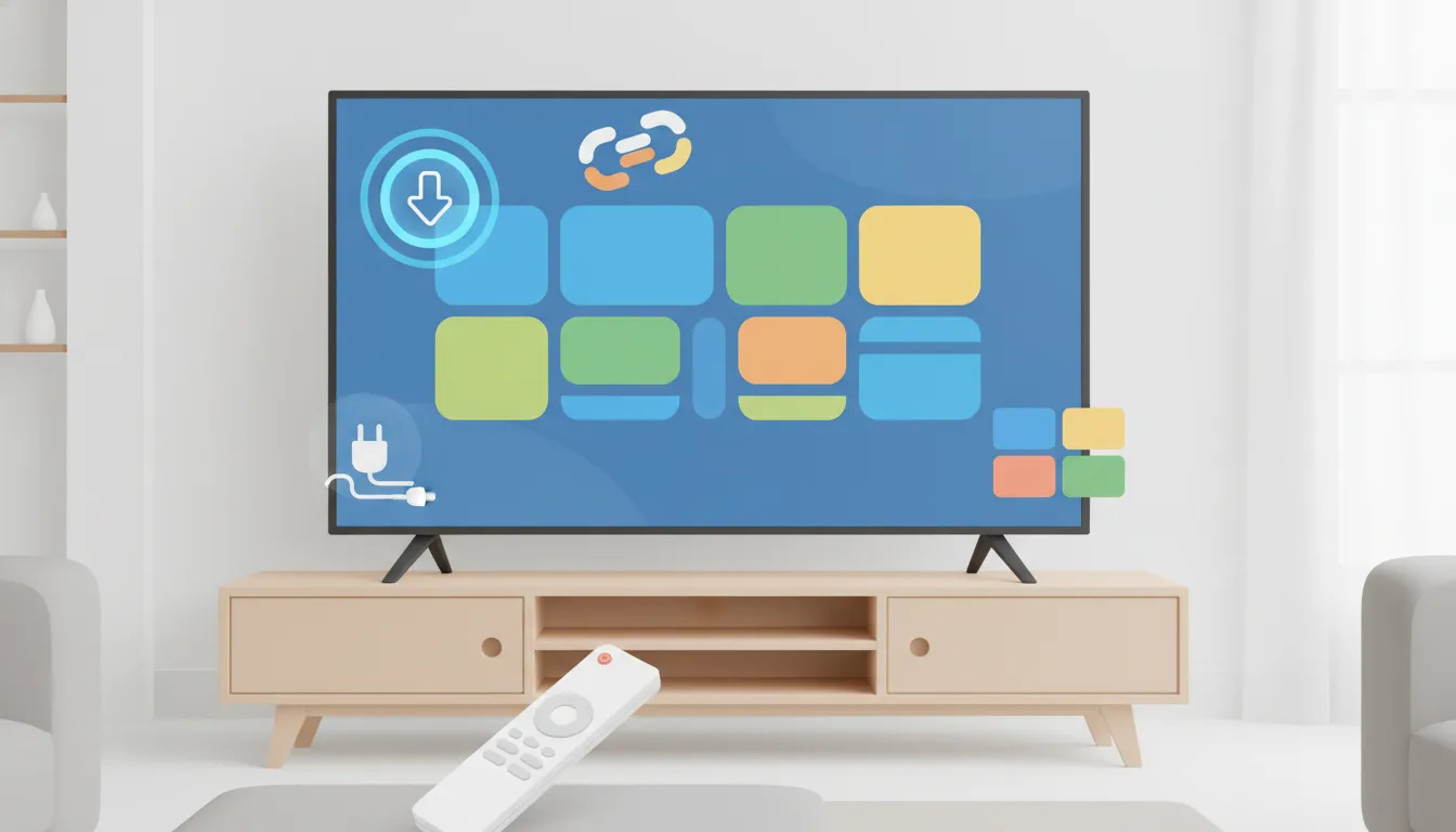 Illustration of an Android TV setup with download and easy access cues, showing a remote and an app home screen tile without any text.
