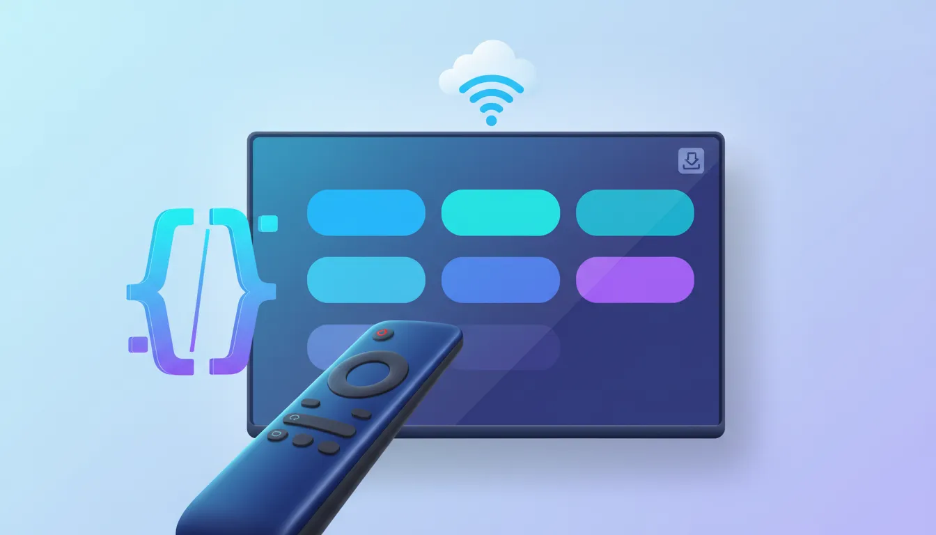 Illustration of an Android TV setup with a remote, TV screen icons, and abstract two-code and internet connection cues for app installation.