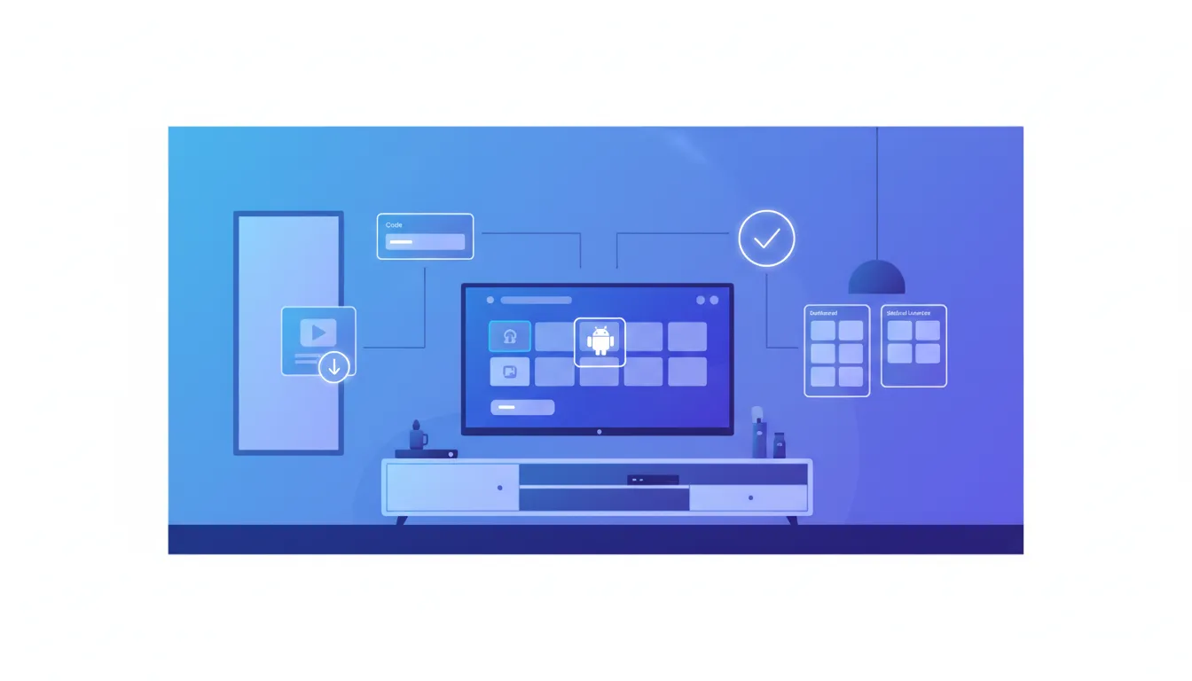 Tech illustration of an Android TV installation process with a TV screen, glowing installer and code-entry panels, and a highlighted home-screen app—no text.