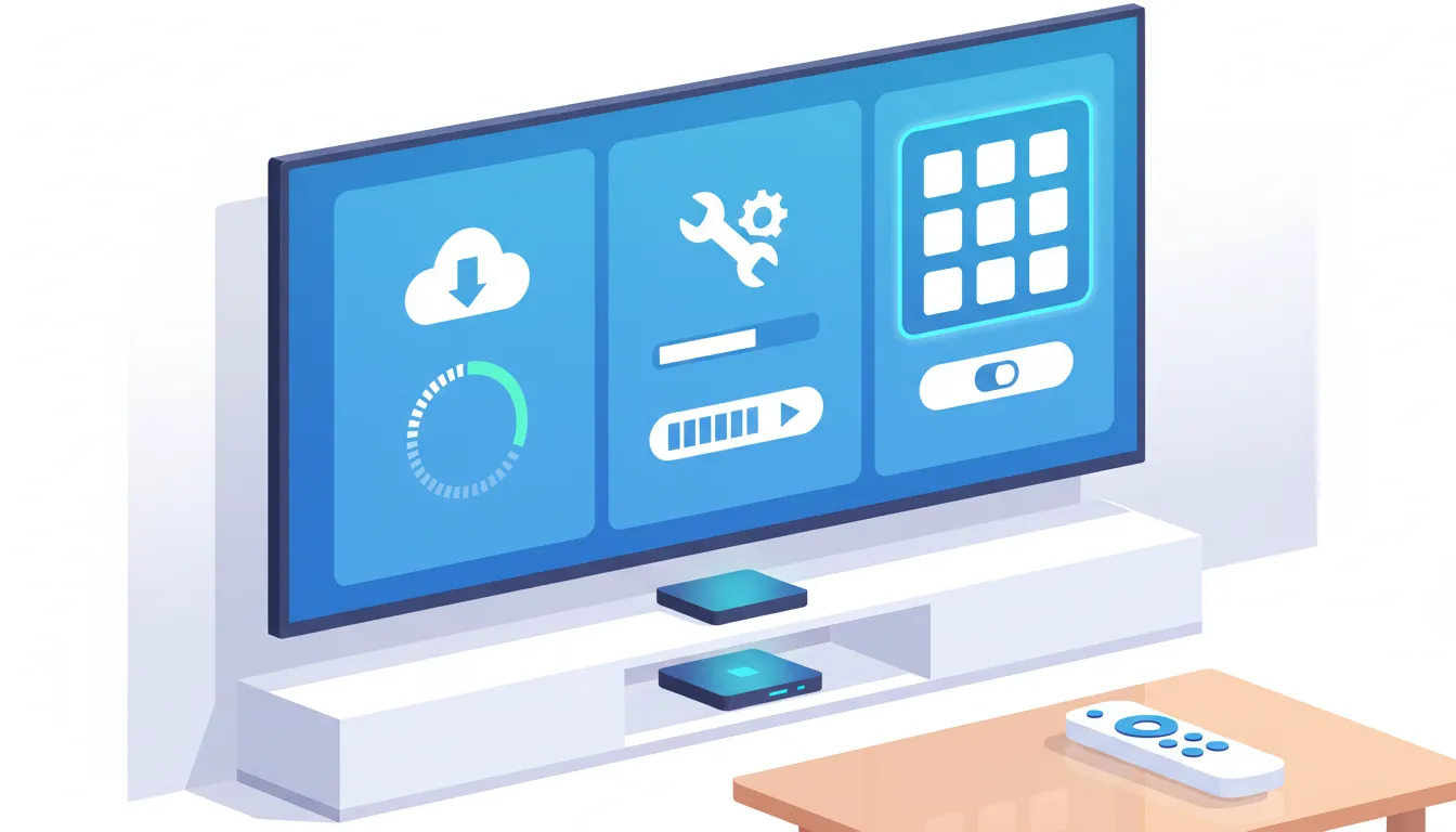 Illustration of an Android TV streaming app setup showing simplified installation, activation code entry using blank boxes, and a remote controlling the TV—no text.