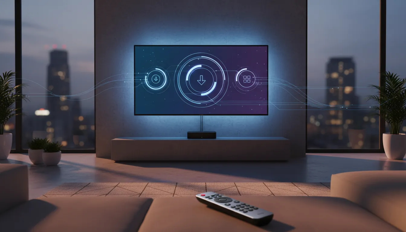 Illustration of an Android TV setup showing an app update and installation flow with abstract progress and connection visuals, with no text.