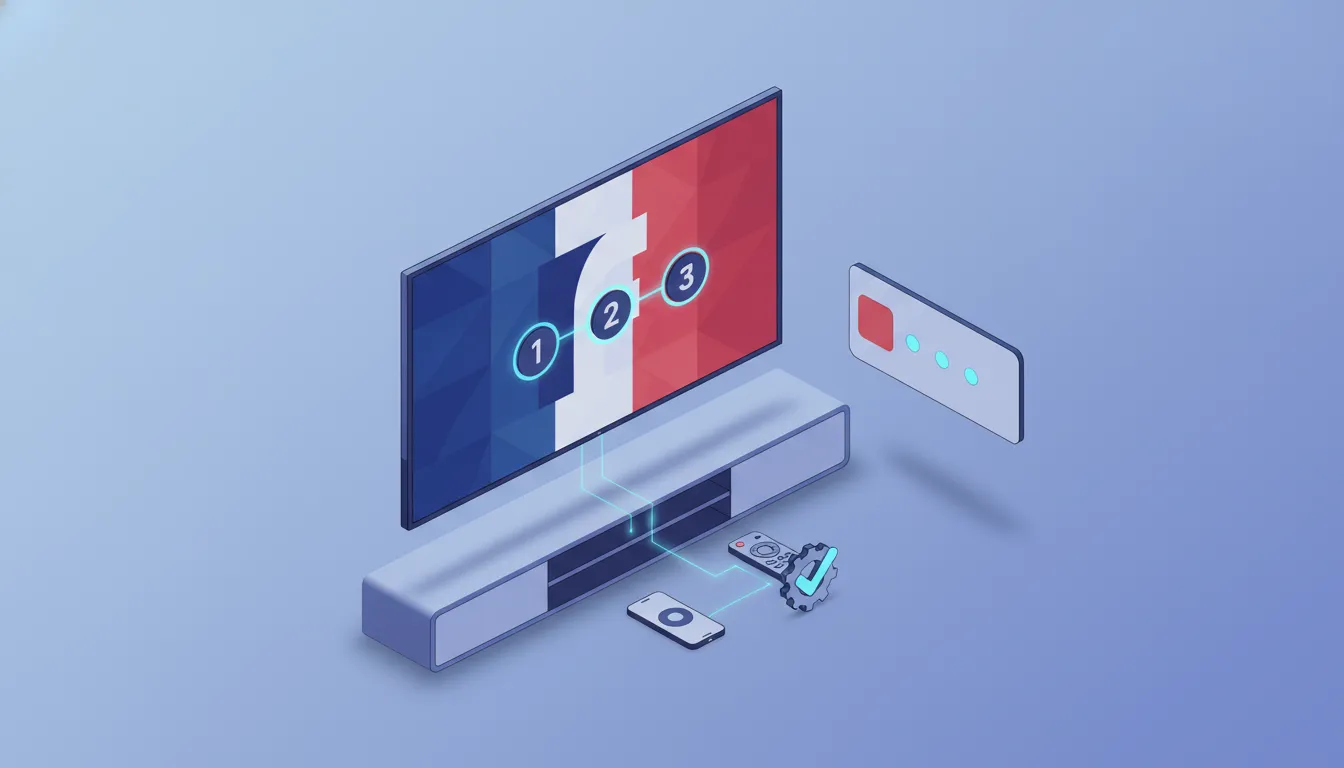 Illustration of an Android TV setup with a smartphone, remote, connection lines, and an abstract French-themed entertainment icon showing a step-by-step installation flow with no text.