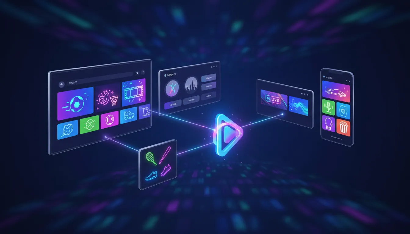 Abstract illustration of an entertainment and sports streaming app shown across a smart TV, TV box, and smartphone with connected device screens and sports/movie icons, no text.