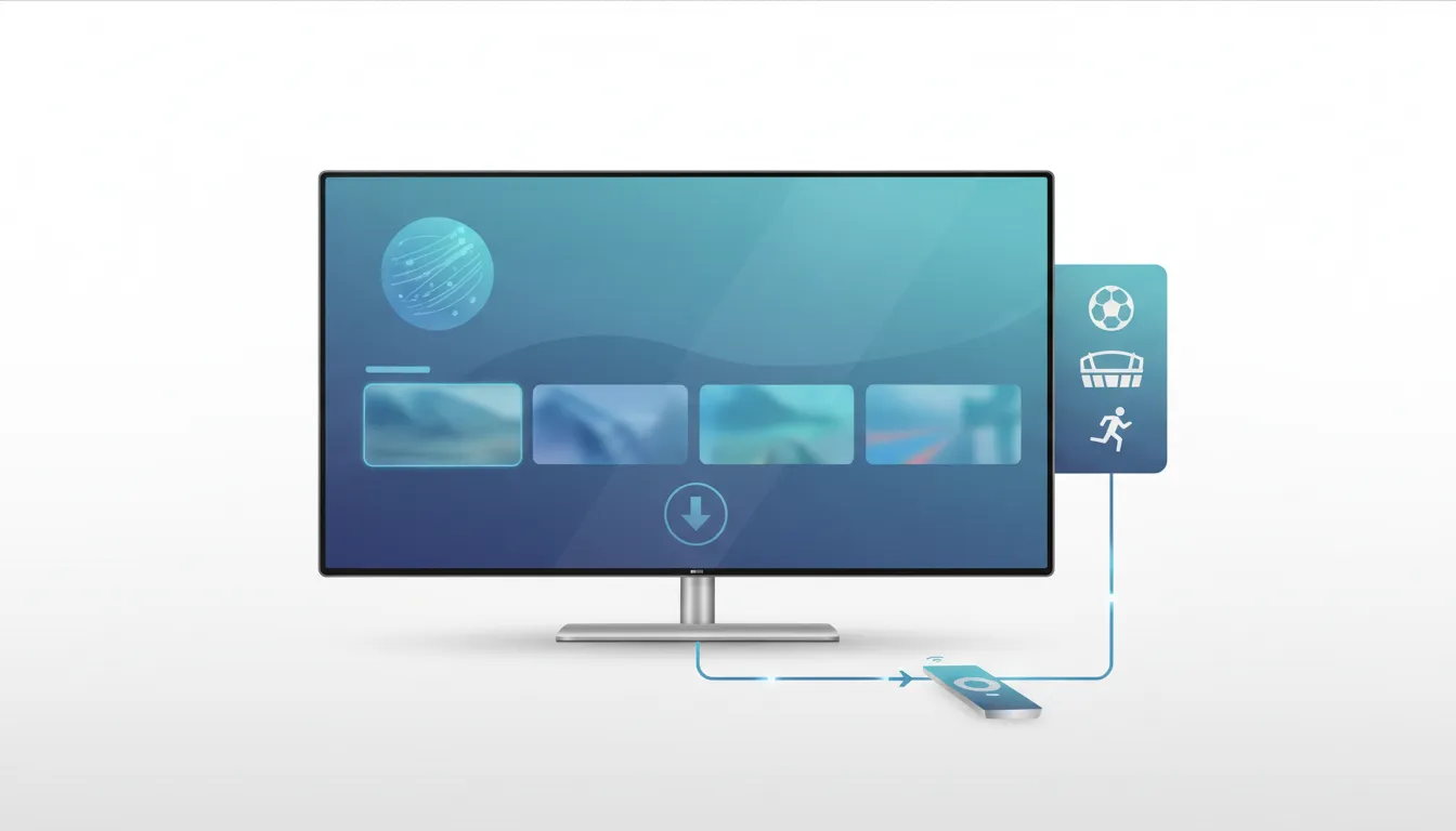 Illustration of an Android TV screen with a smooth streaming interface and download-style arrow, plus generic sports-themed icons suggesting installation via Downloader.