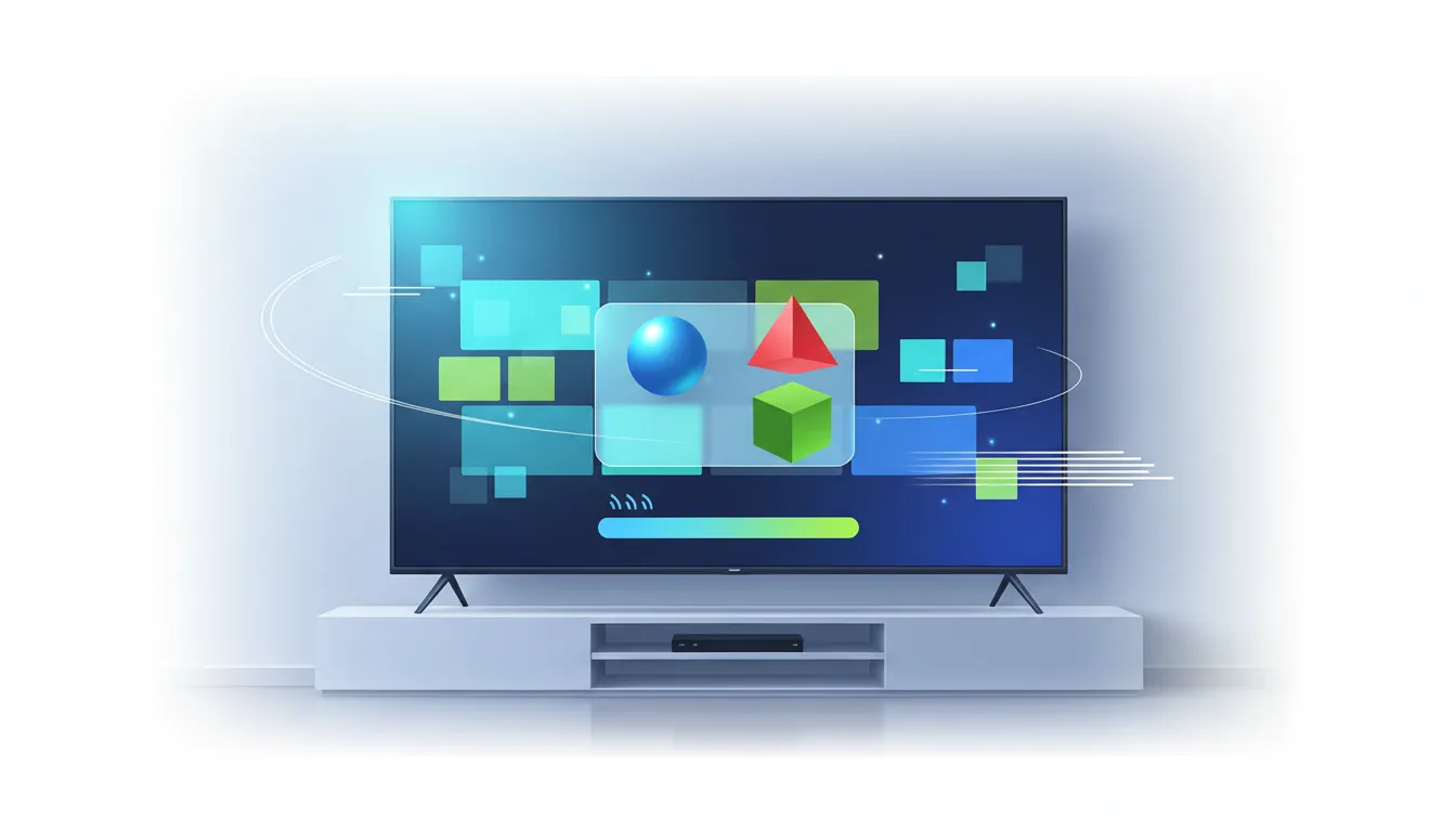 Illustration of a sleek Android TV streaming setup with abstract quality options and three organized content package panels, shown without any text.