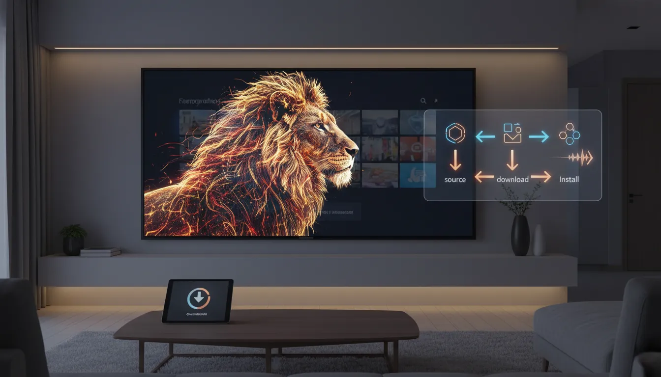 Android TV setup illustration showing Google Play style screen, a downloader workflow, and a glowing lion silhouette with abstract install icons.