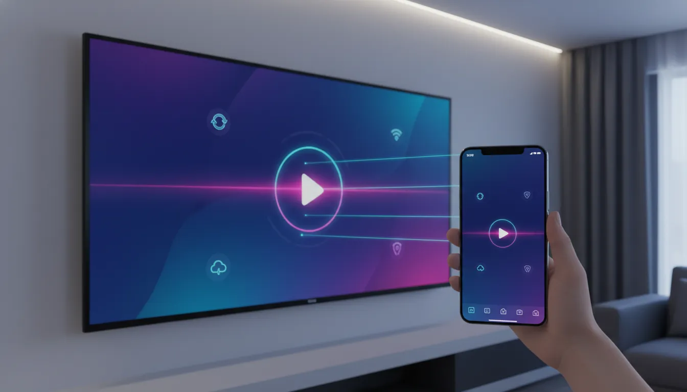 Futuristic image showing an Android TV screen and smartphone with a glowing built-in play-style entertainment interface, suggesting a smooth, easy-to-install streaming app without text.