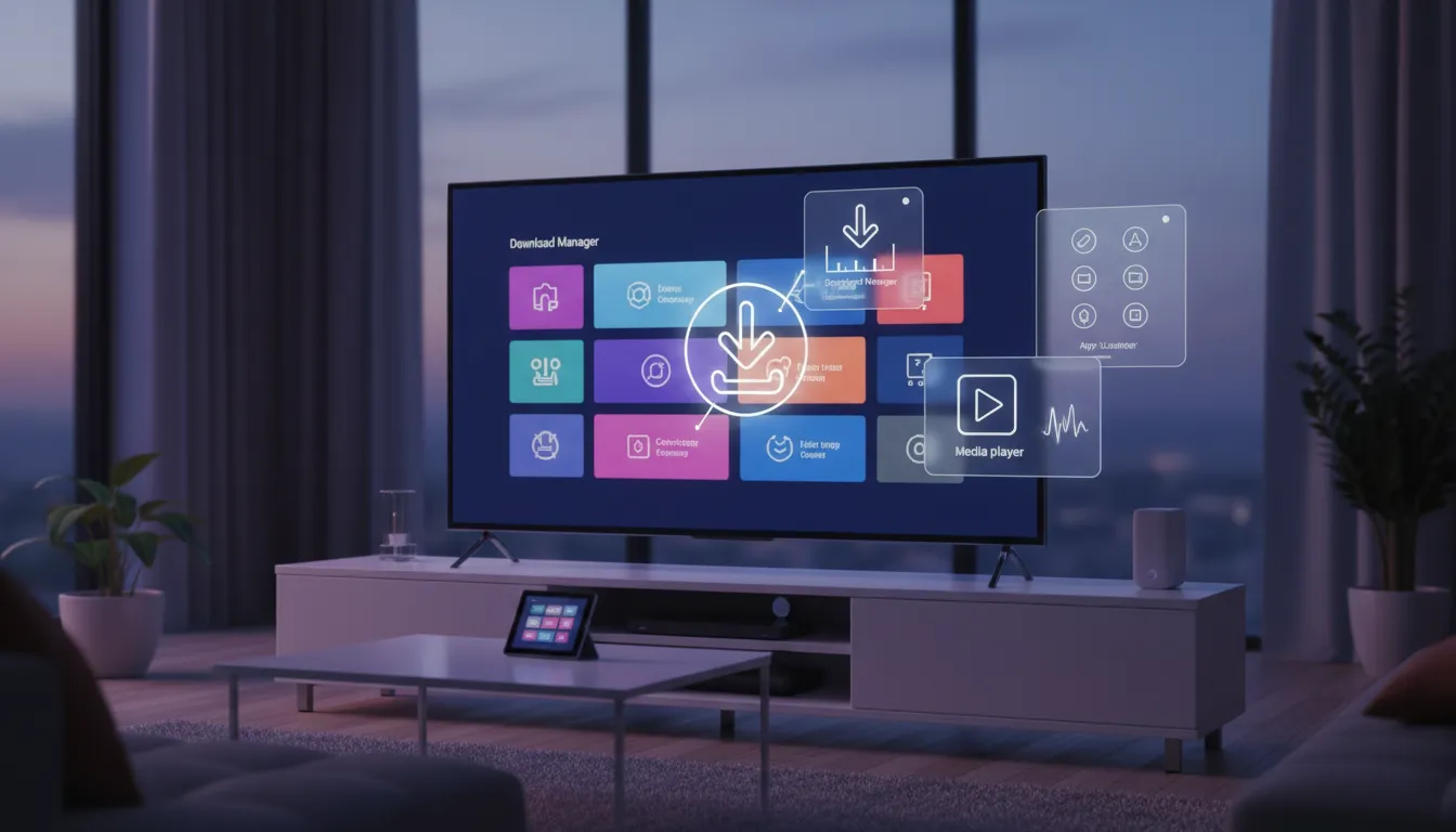 Photorealistic scene of an Android TV streaming setup with a smooth app dashboard and download/sideload tools, shown with icons only and no text.