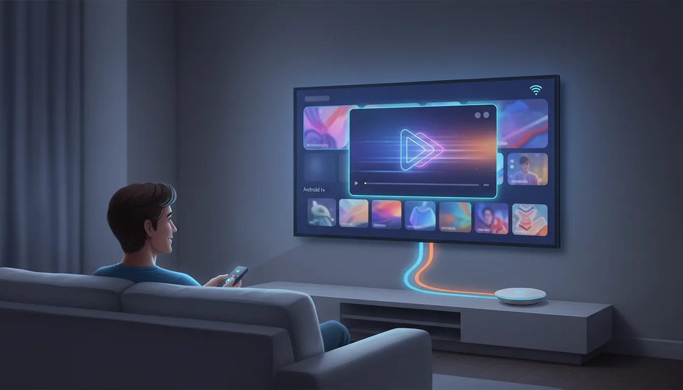 Illustration of an Android TV setup streaming channels smoothly without buffering, showing a connected router and a smart TV with clear streaming visuals