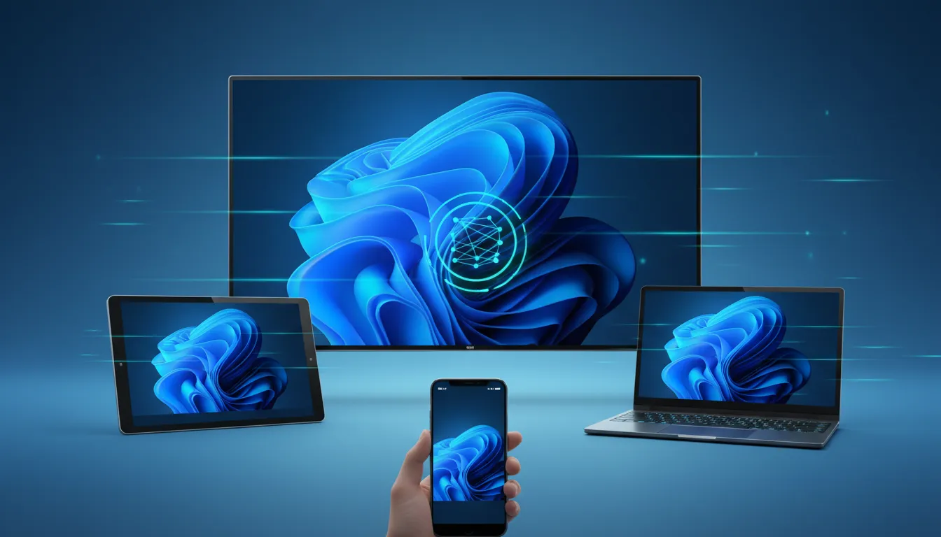 Abstract 4K streaming app illustration with blue glow showing seamless, stable playback across smartphone, tablet, laptop, and smart TV devices