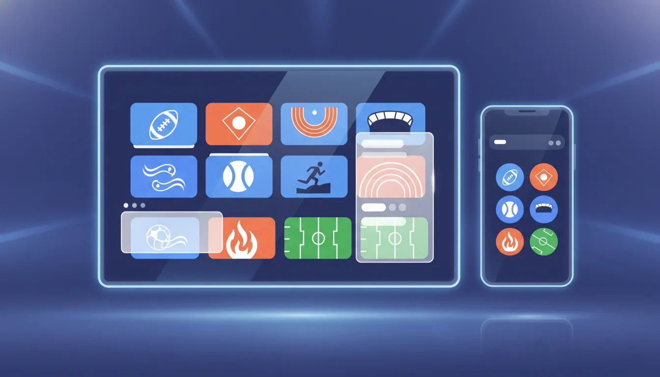 Illustration of a smart TV and smartphone displaying an app-style sports and media streaming interface with colorful channel tiles and broadcast signals, without any text.