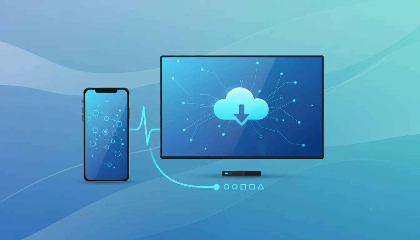 Illustration showing a smartphone and smart TV connected with a glowing link and download icon to represent a simple free TV app setup