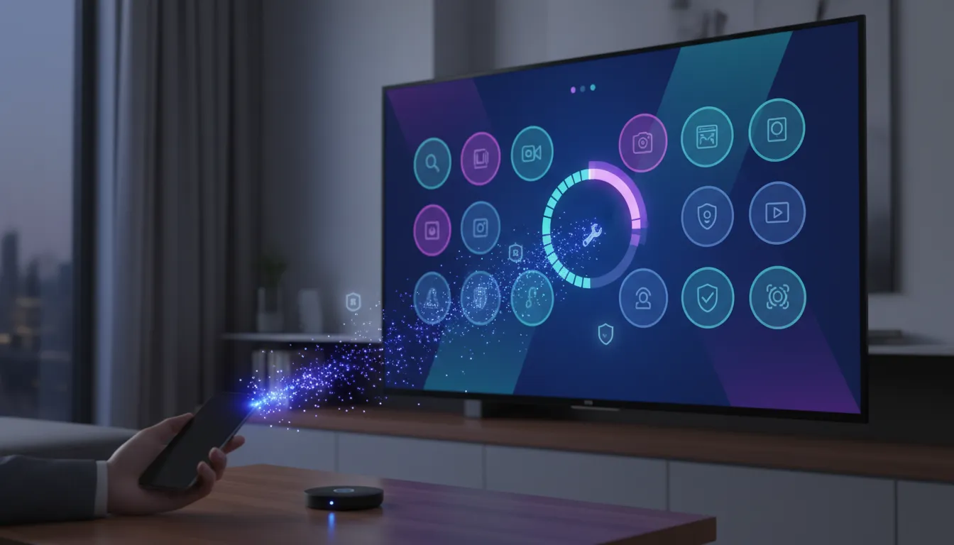 Abstract tech scene of downloading and installing apps from a phone to an Android TV, with glowing transfer and setup icons on a screen