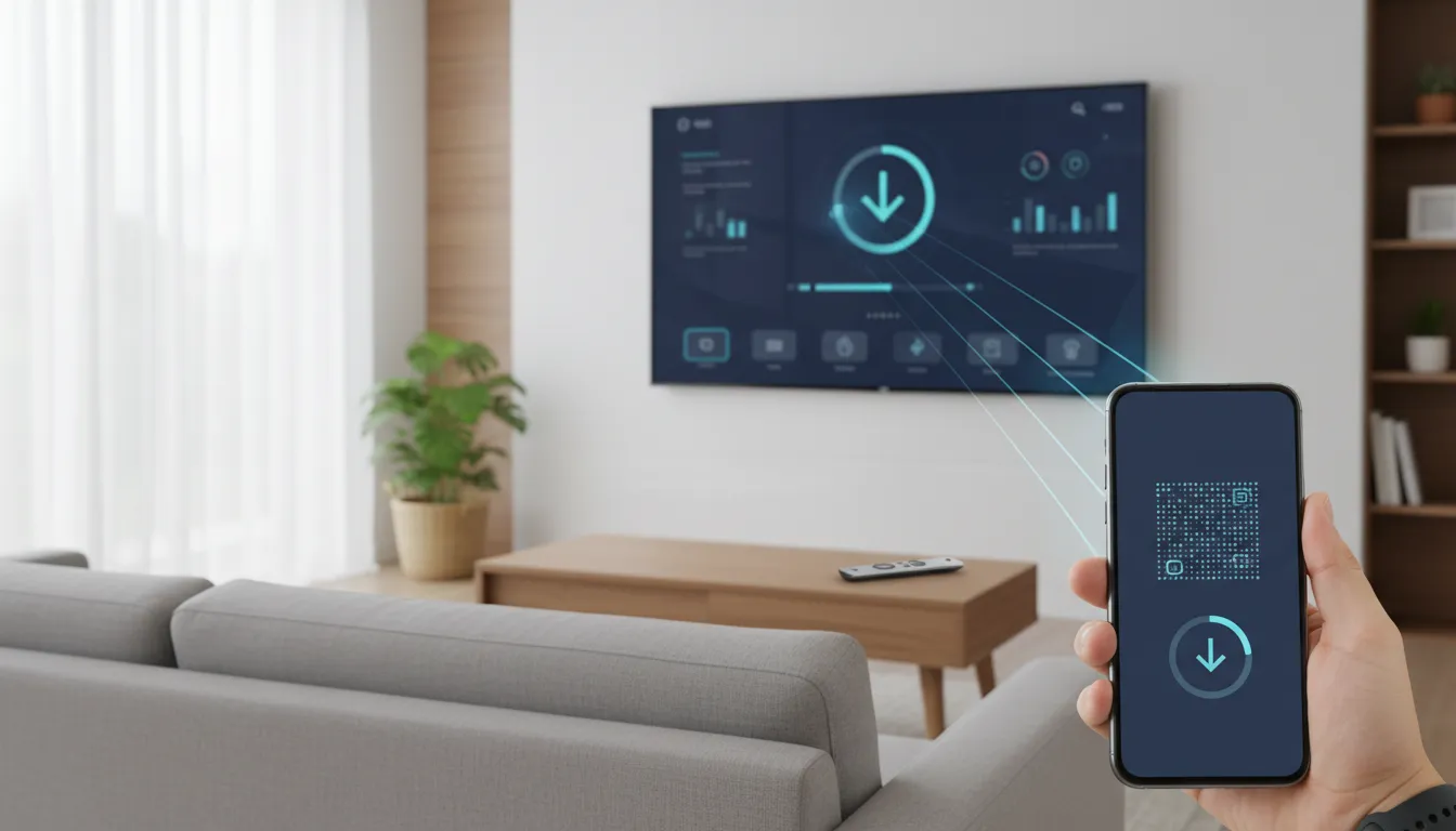 Photorealistic scene showing an Android TV setup with a generic download process visual and remote control, illustrating installing an app using Downloader without any text.