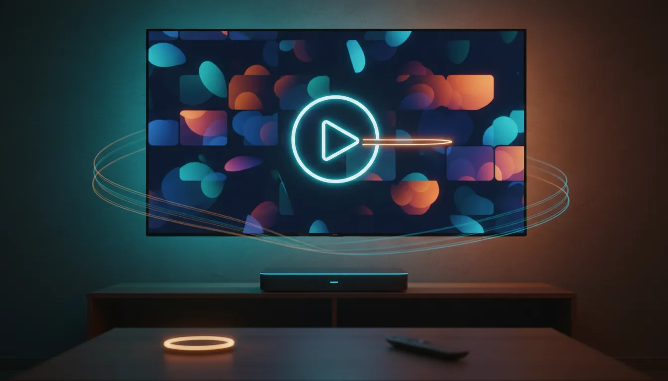 Photorealistic scene of live TV streaming on an Android TV or TV box with a remote control, shown as smooth playback without buffering effects and no on-screen text.