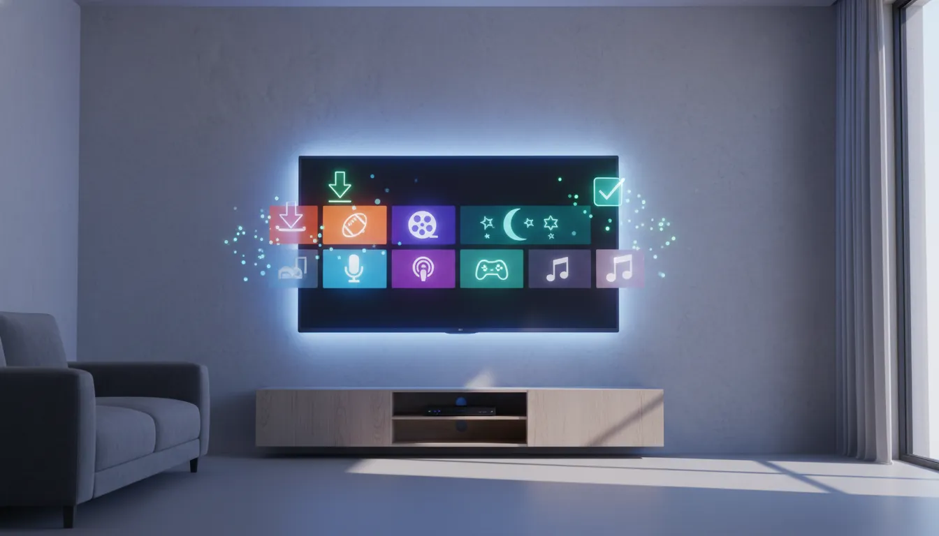 Modern Android TV screen showing abstract streaming channels with sports and entertainment icons and a download/activation effect, no text.