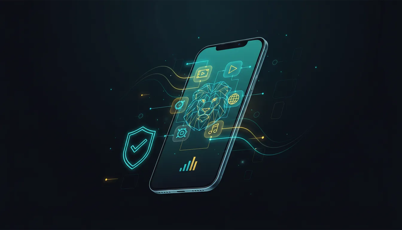 Illustration of a smartphone streaming on a stable network with a subtle lion-inspired trust motif, symbolizing Lion IPTV reliability.