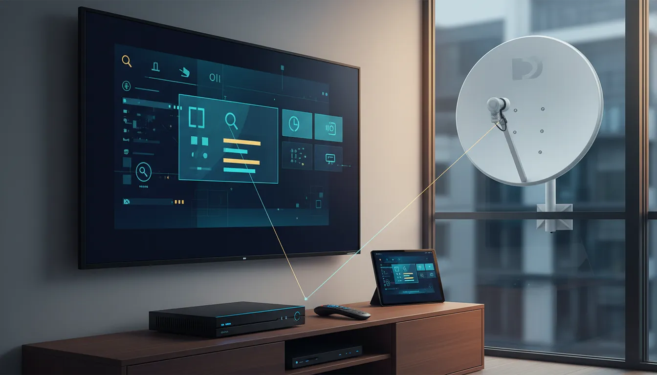Tech-themed illustration of a satellite TV receiver and dish setup, visualizing the process of adding Moroccan TNT channels on Badr using a mobile app