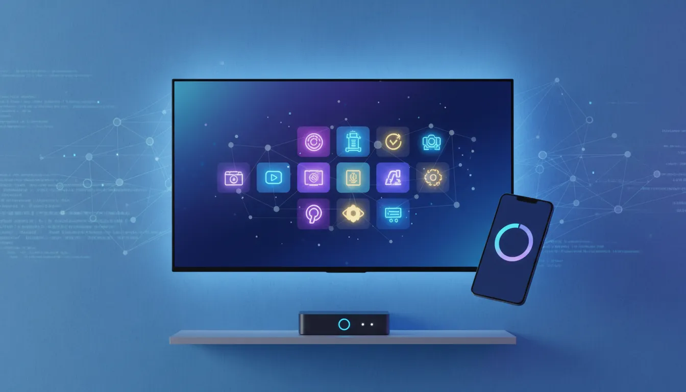 Abstract tech illustration showing a smart TV, streaming glow, a TV box, and a smartphone with download progress visuals, featuring decorative code-like patterns but no text.