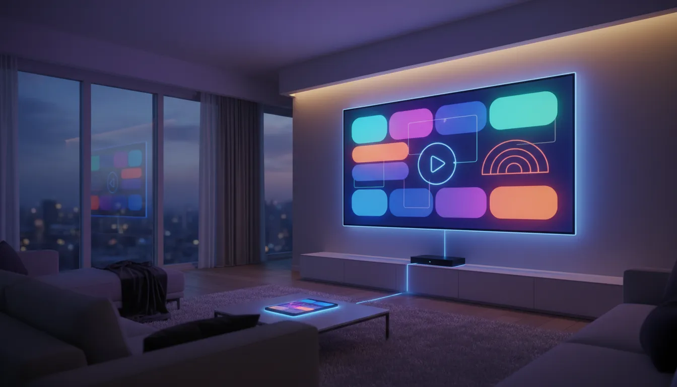 Modern living room scene with a smart TV showing a colorful, wordless entertainment and sports streaming interface connected to other devices